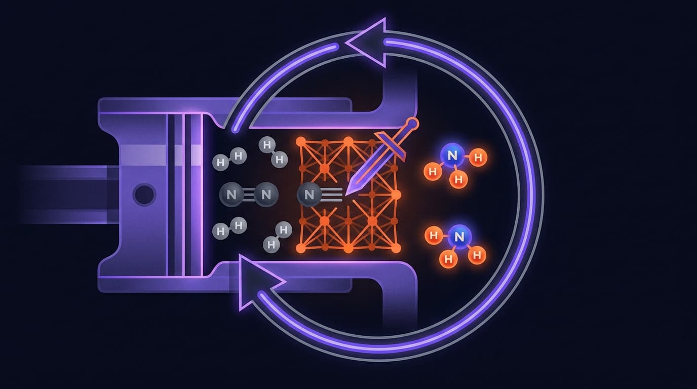 Molecules compressed by piston walls into ammonia, with a recycle loop and iron catalyst