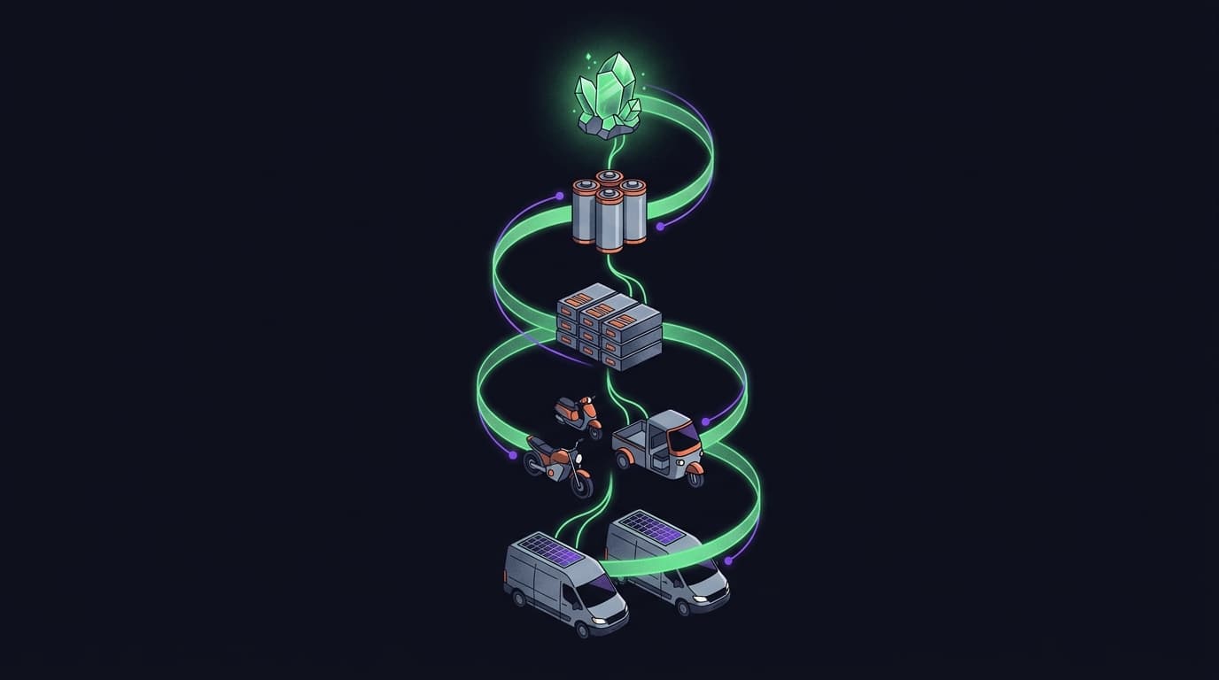 The supply chain ladder: nickel to cells to packs to vehicles to fleets, wrapped in a green finance ribbon